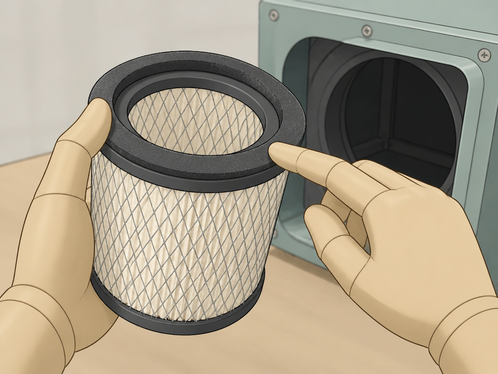 Hands checking the foam seal on a workshop air filtration system filter.