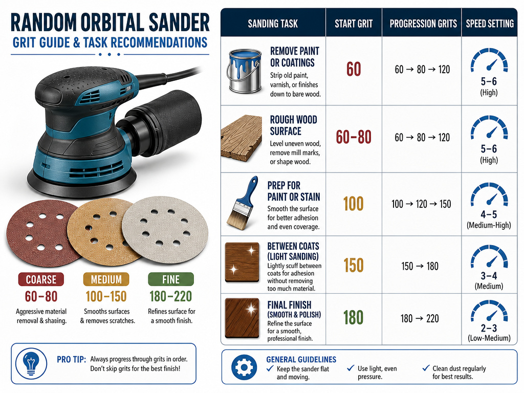 Random orbital sander grit progression chart and speed settings for different tasks.