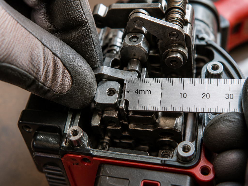 Close-up of adjusting a 4mm gap on a nail gun's internal mechanism during reassembly.