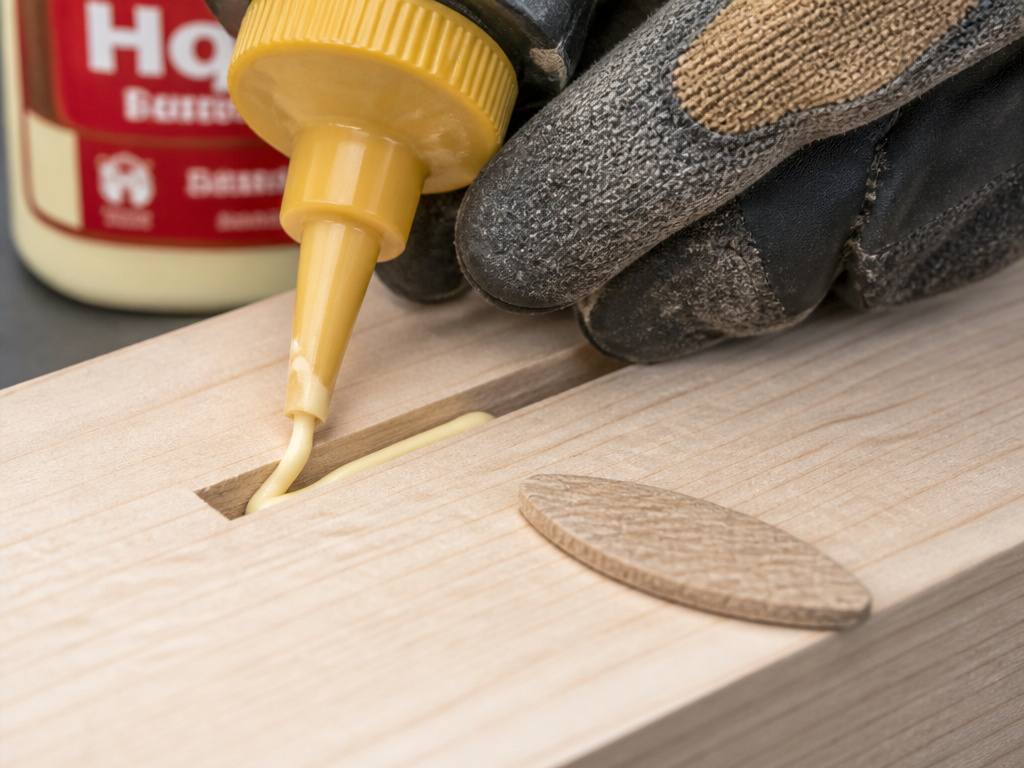 Applying wood glue to a biscuit joiner slot before inserting the biscuit.