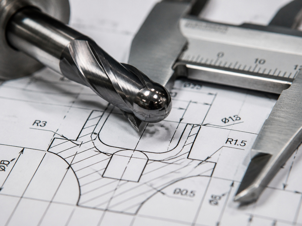 Ball end mill on engineering blueprint showing contour machining and tool dimensions.