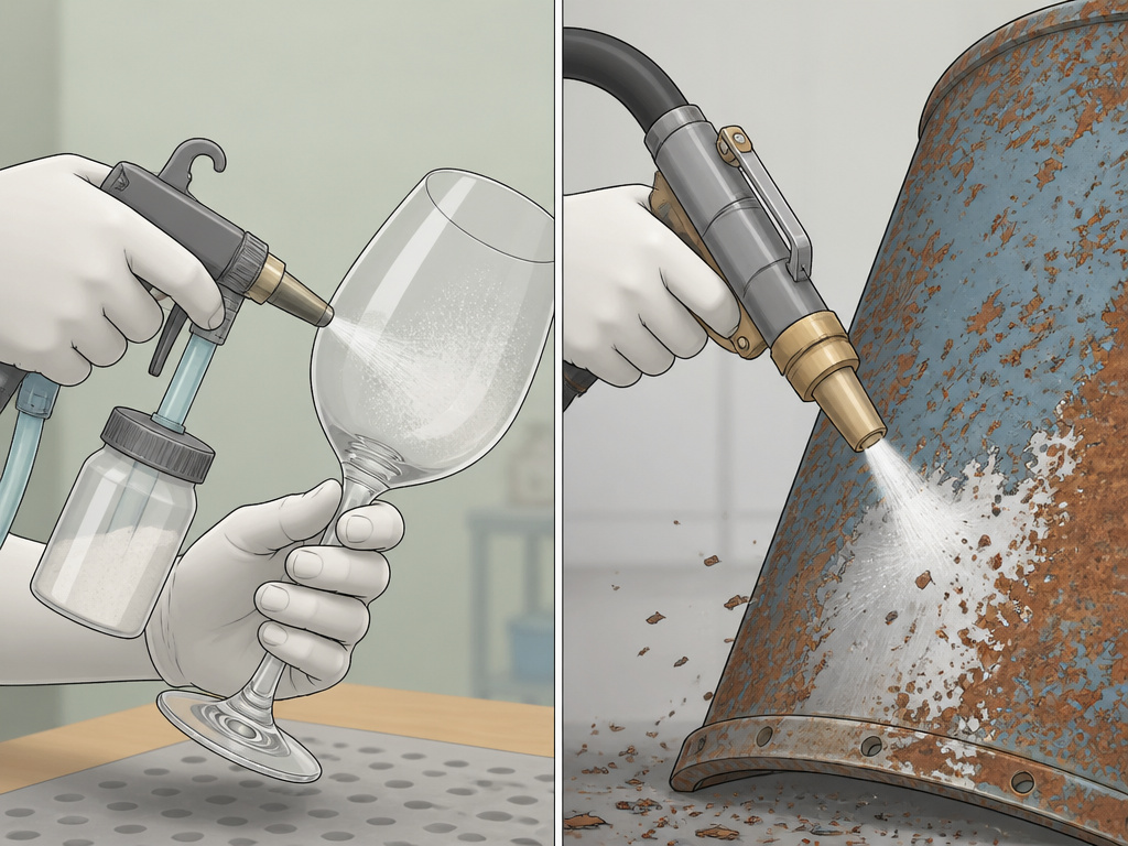 Siphon sandblaster for glass etching versus pressure pot for stripping metal.