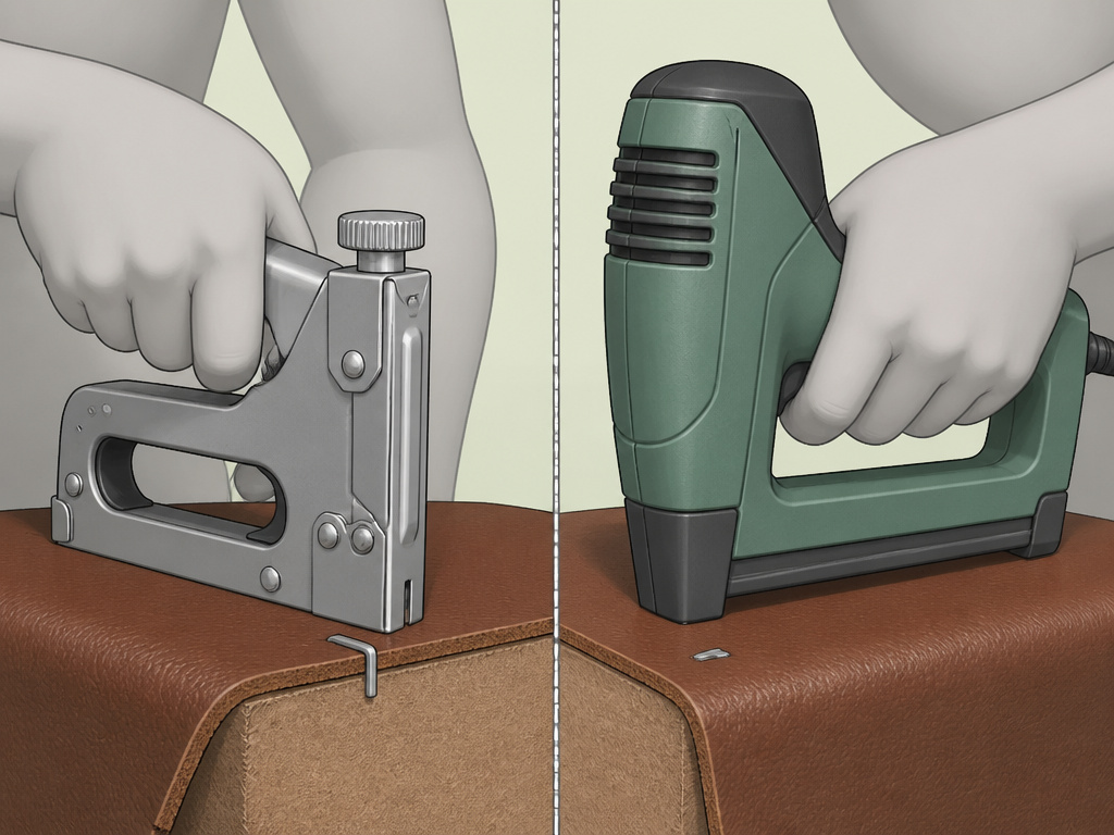 Manual versus electric staple gun performance on tough leather material comparison.