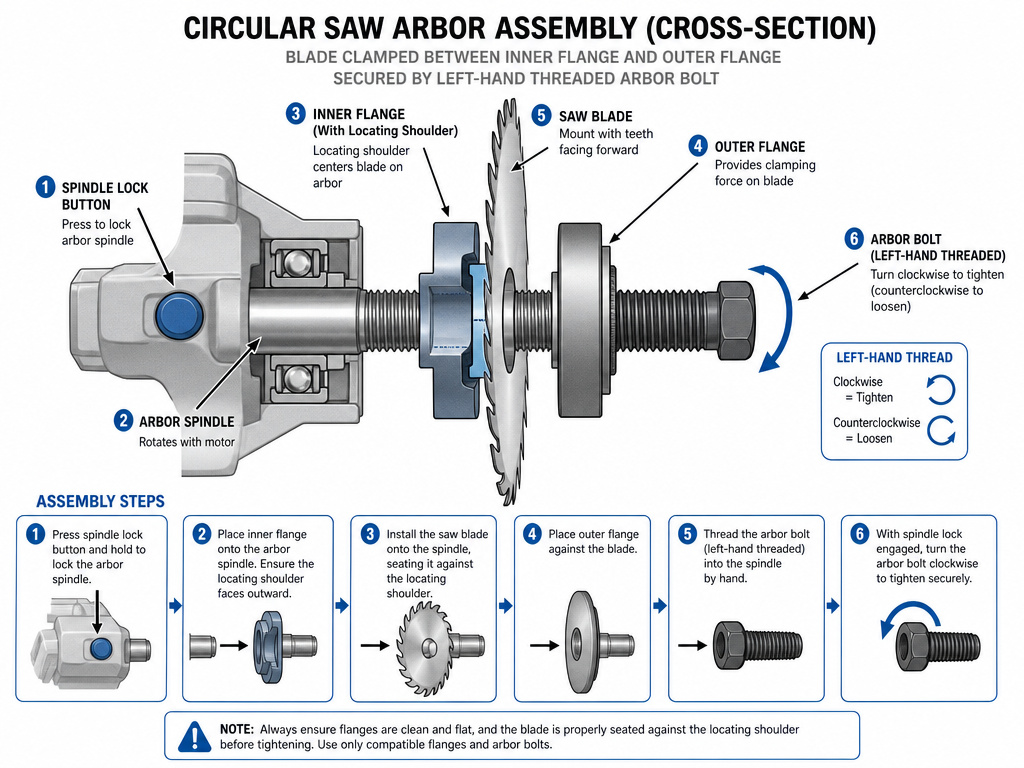 Diagram of a circular saw arbor, blade, flanges, and spindle lock mechanism.