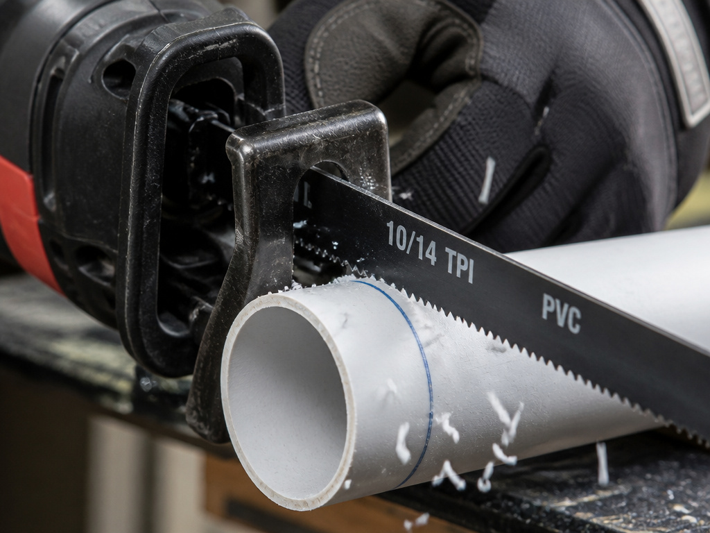 Close-up of a 10-14 TPI reciprocating saw blade cleanly cutting PVC pipe.