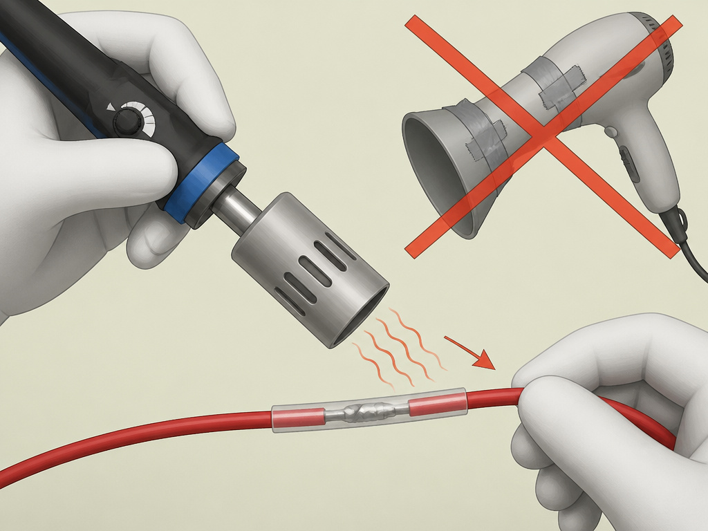 DIY heat gun alternative using a soldering iron with blower attachment for heat shrink tubing.