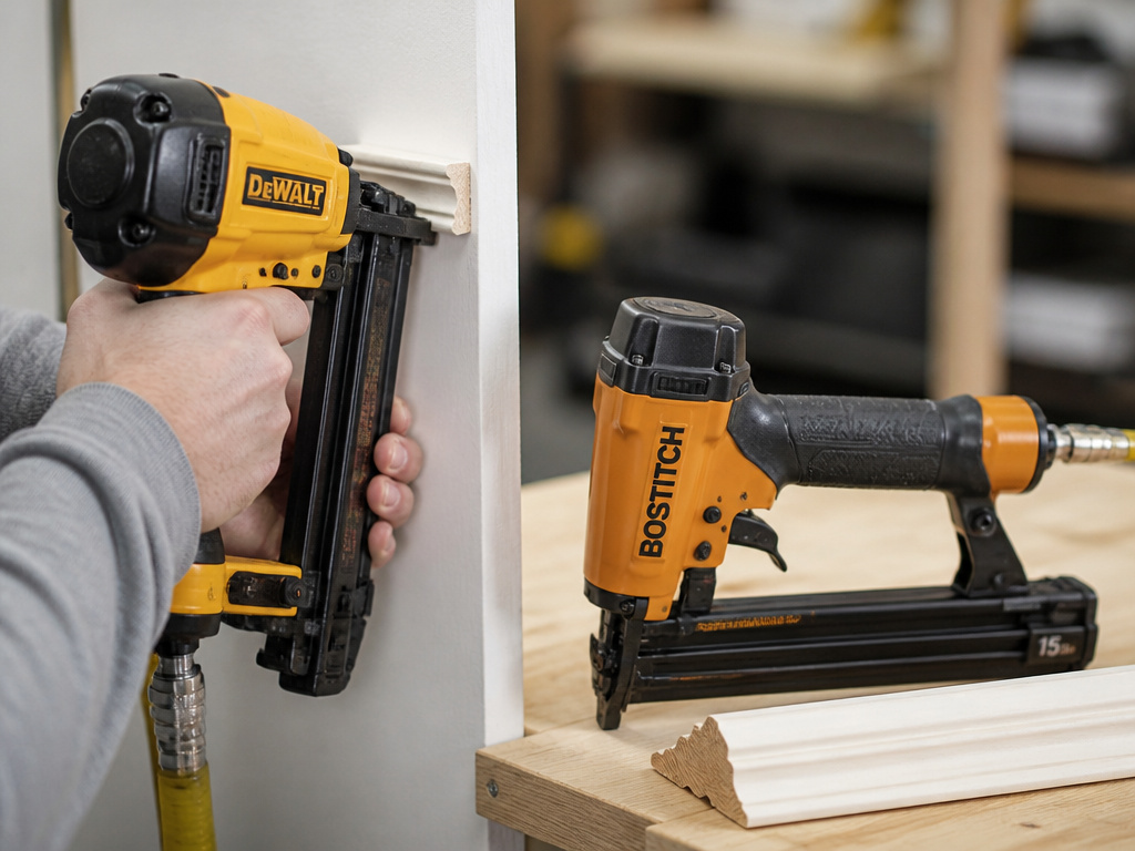Brad nailer and finish nailer for different trim work on a workbench.