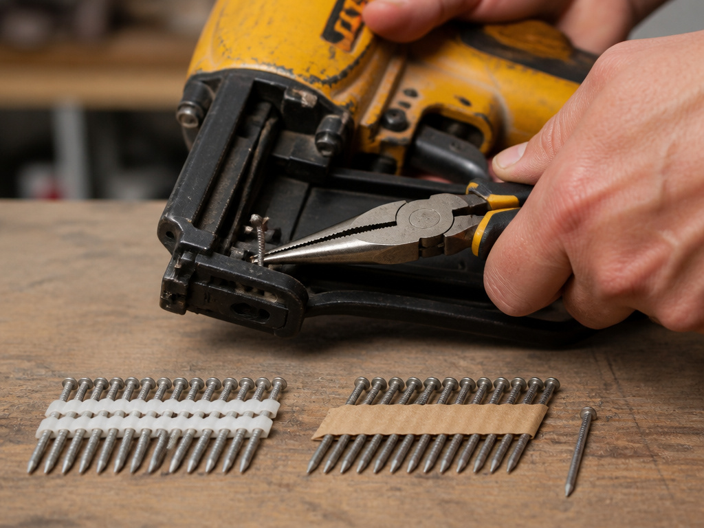 Clearing a nail gun jam by removing a bent nail with pliers, wrong nail types shown.