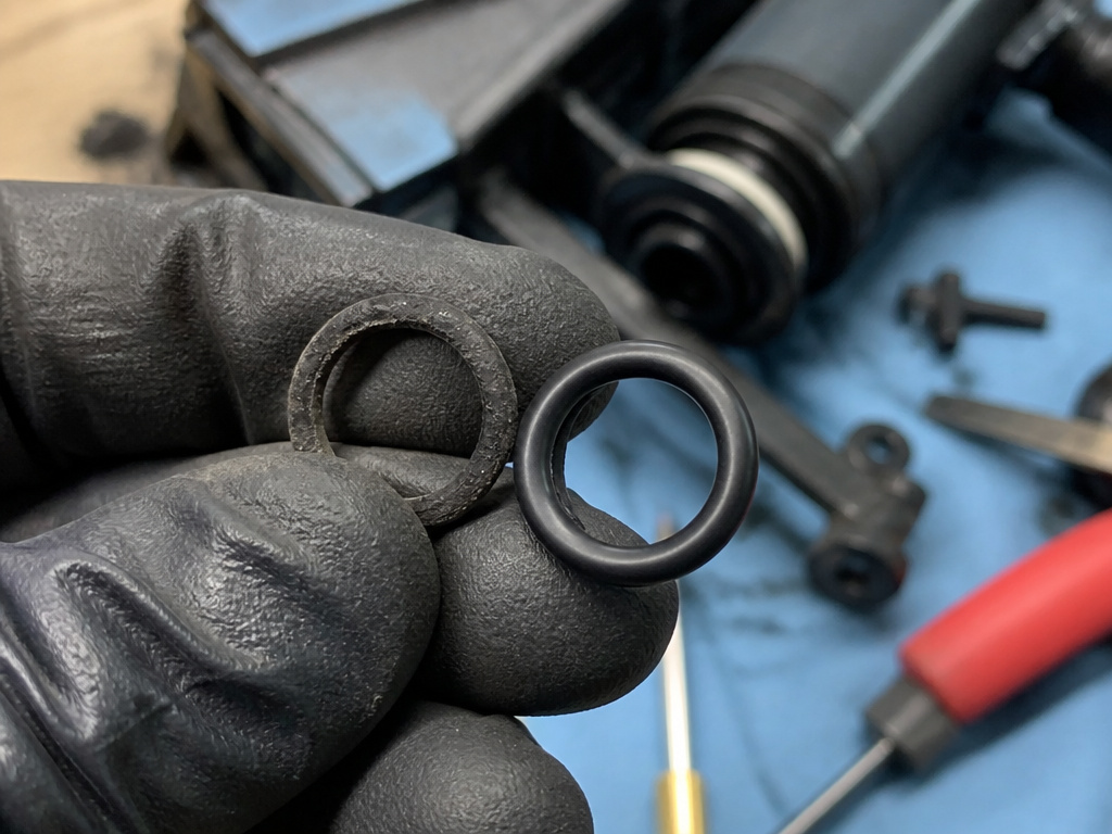 Worn nail gun O-ring seal comparison for weak driving power repair