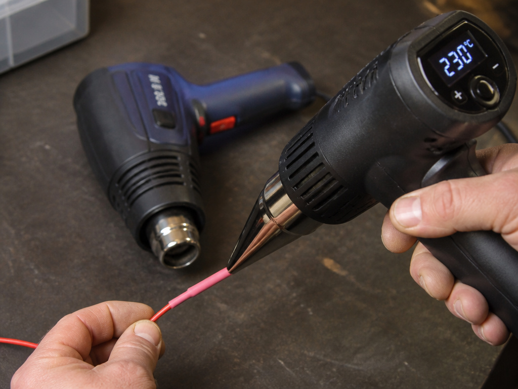 Close-up of adjusting a heat gun's temperature for shrinking tubing.