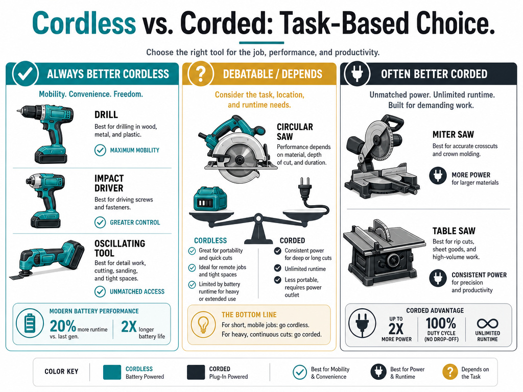 Infographic comparing cordless and corded power tool choices for DIY and professional tasks.