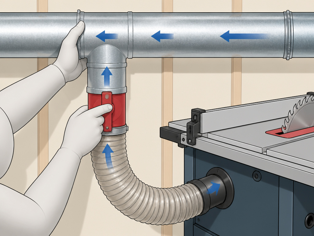 Diagram comparing metal duct, flexible hose, and blast gates for workshop dust collection setup.