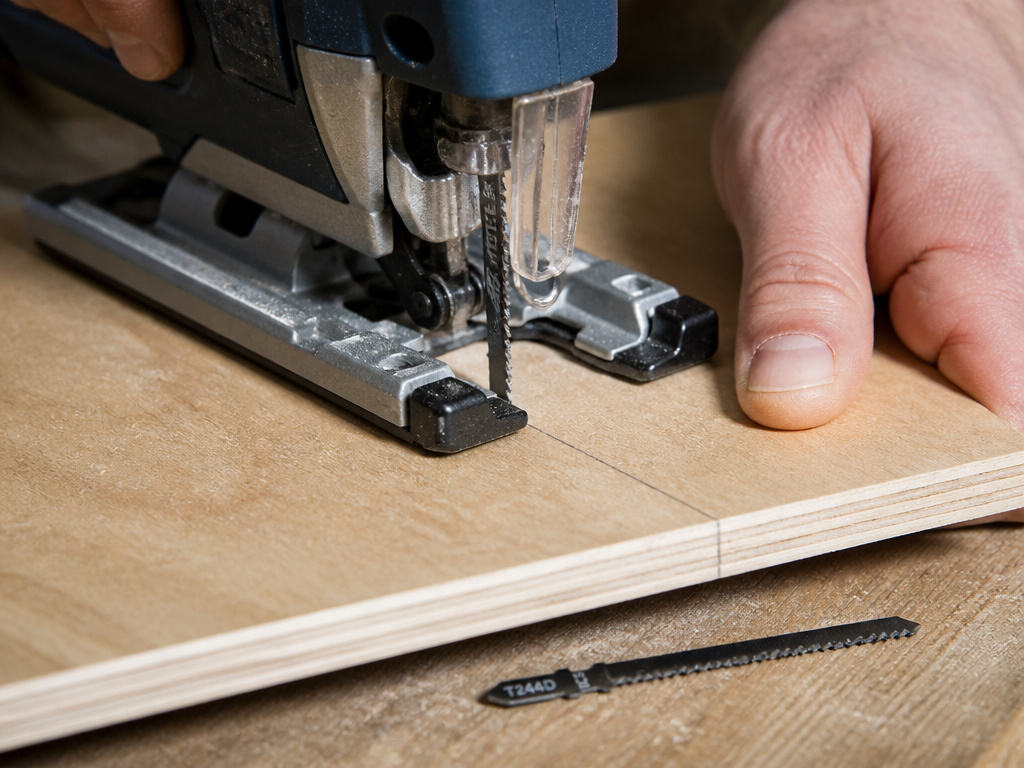 Close-up of a wide jigsaw blade making a straight cut in plywood along a marked line.