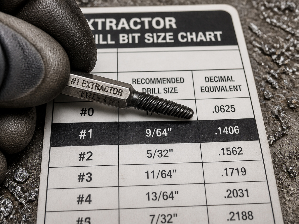 Close-up of a screw extractor and correct drill bit size on a manufacturer's chart.