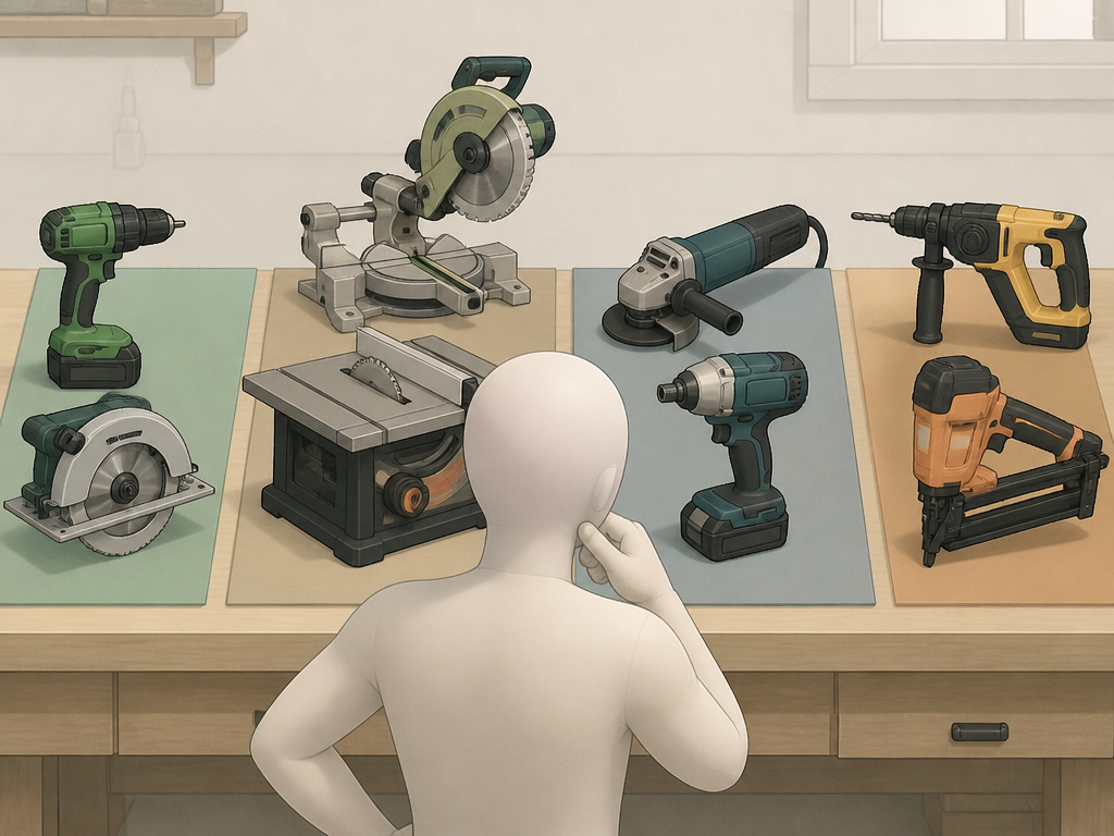 Cartoon illustration comparing essential power tool kits for different trades and projects.