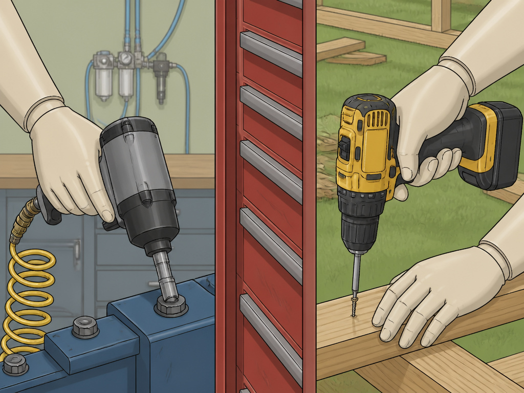 Cartoon comparison of pneumatic shop tools versus cordless electric tools for remote work
