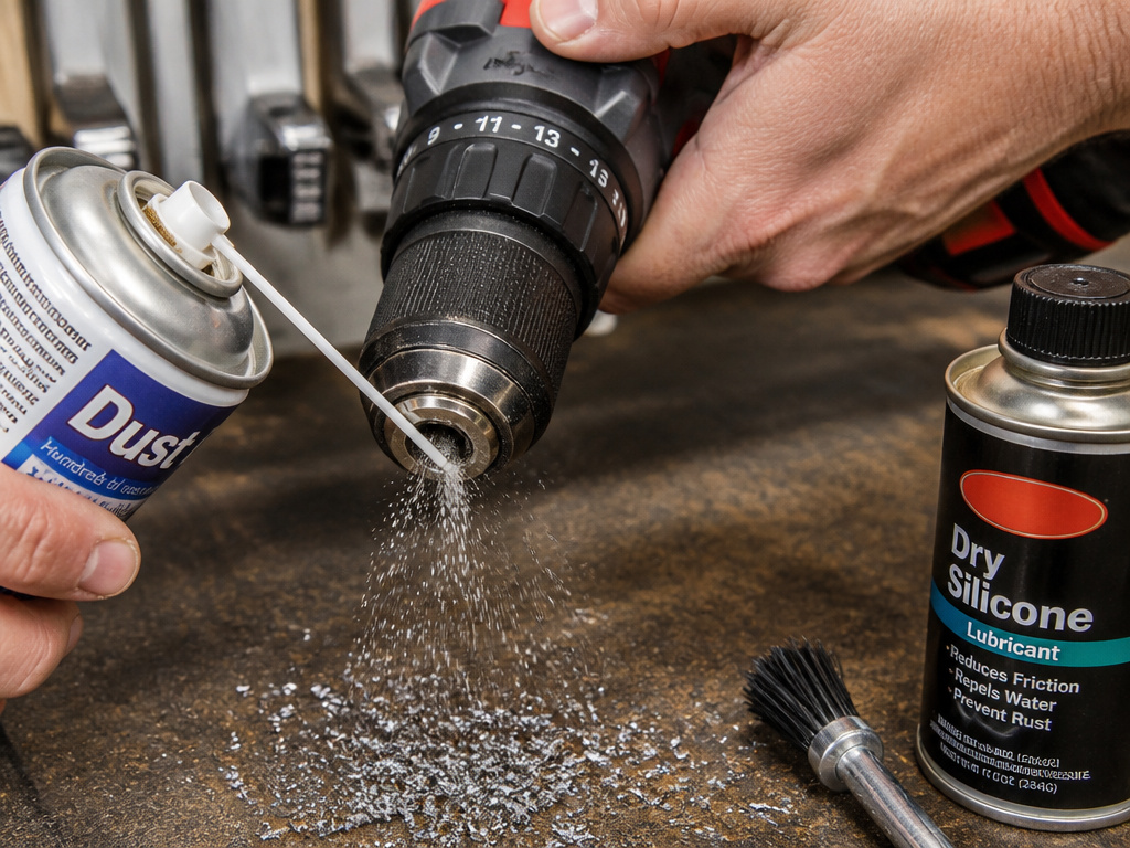 Cleaning a drill chuck with compressed air to fix a chuck that won't tighten.