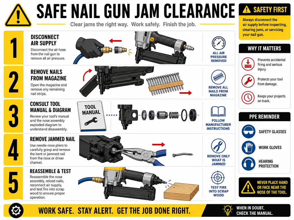 Infographic of the five-step safety procedure for clearing a jammed nail gun.