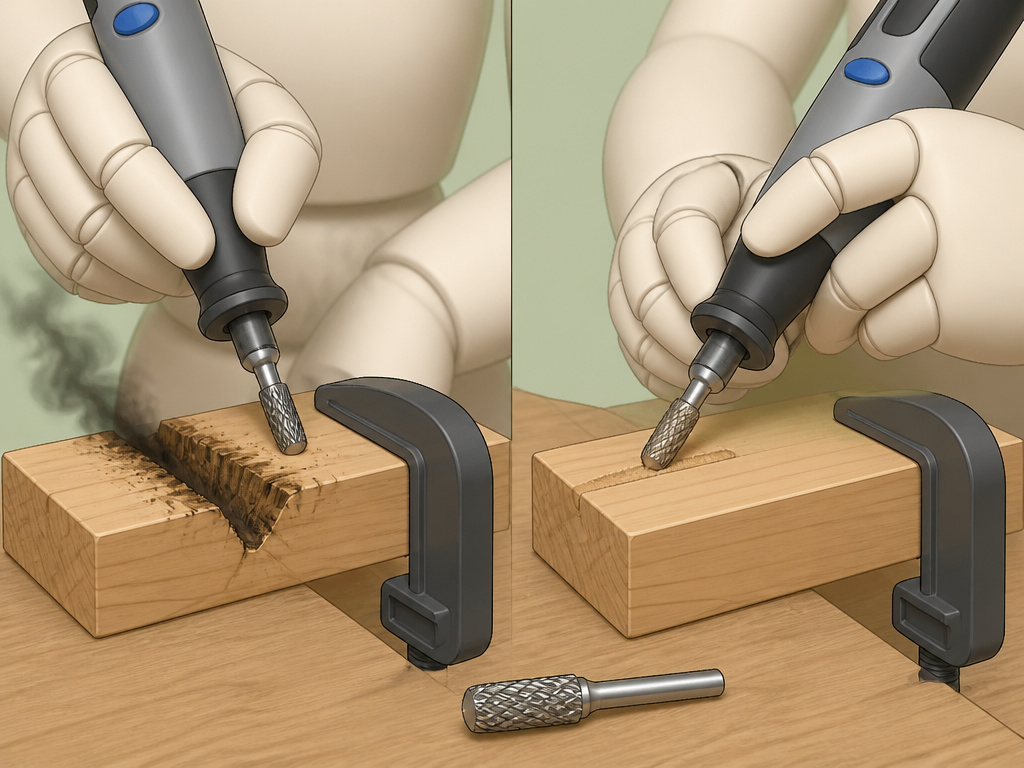Common rotary tool carving mistakes like forcing the bit and the correct gentle technique.