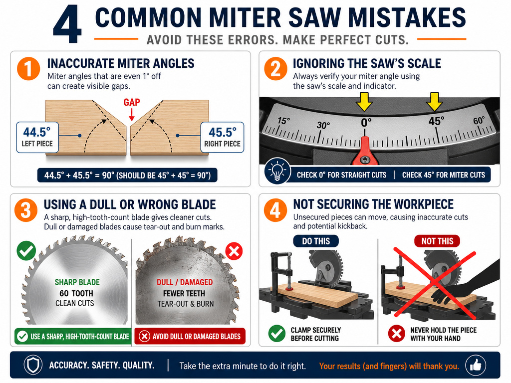 Infographic on avoiding common miter and bevel cut mistakes in woodworking.