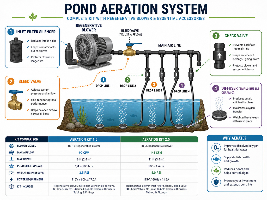 Essential components and accessories diagram for a regenerative blower pond aeration system.