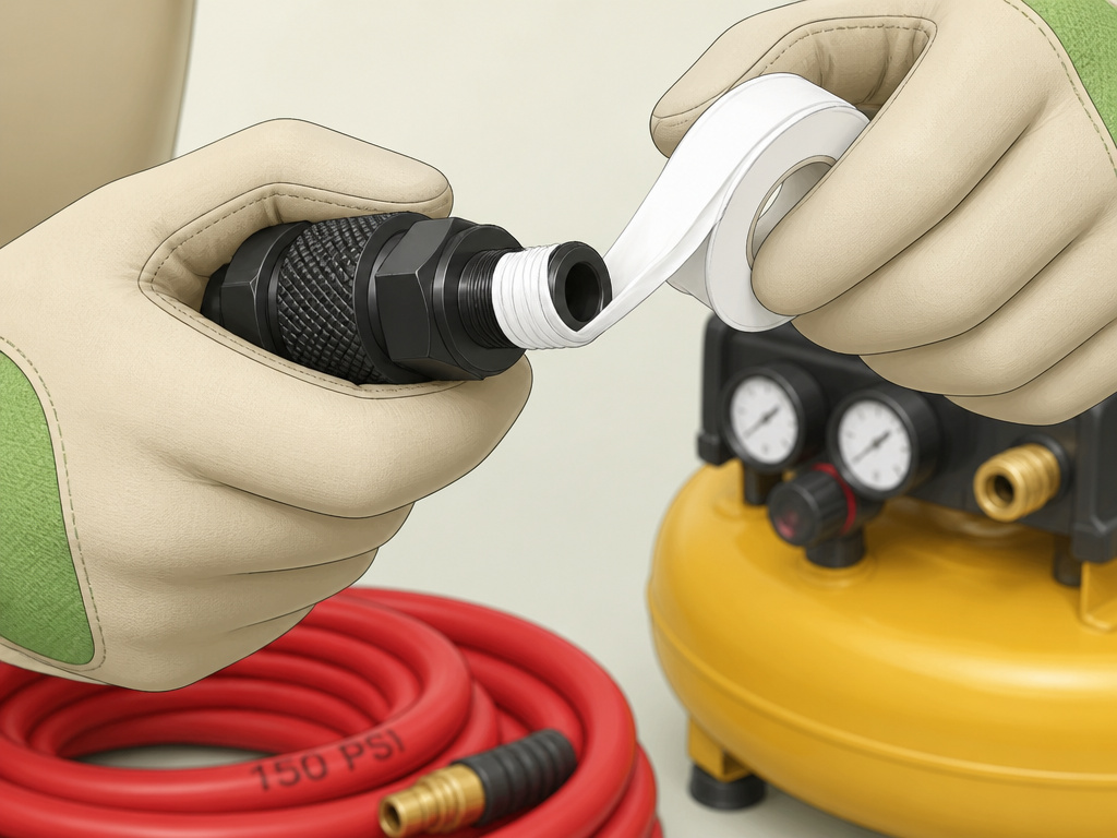 ĠWrappingĠTeflonĠtapeĠontoĠaĠquickĠcouplerĠforĠaĠpancakeĠairĠcompressorĠhoseĠconnection.