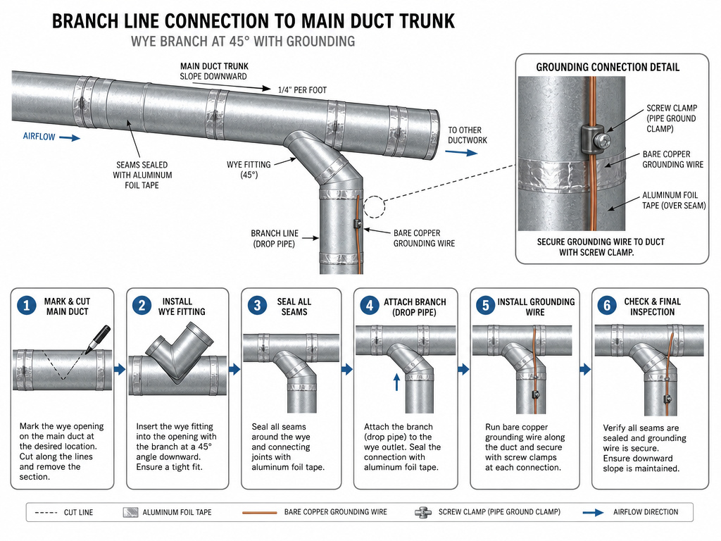 Workshop dust collection system diagram showing wye fitting, grounding wire, and sealed joints.