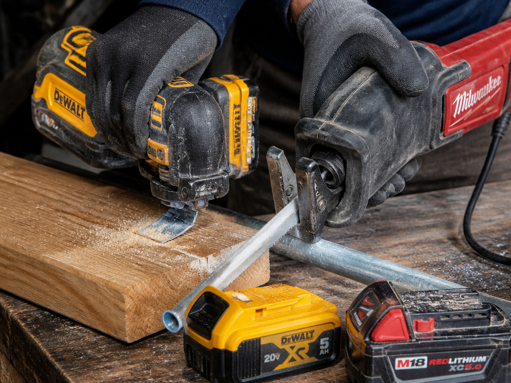cordless oscillating tool and corded reciprocating saw on workbench for demolition