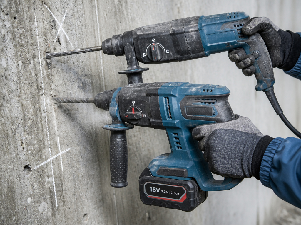 Corded rotary hammer and cordless hammer drill comparison on concrete.