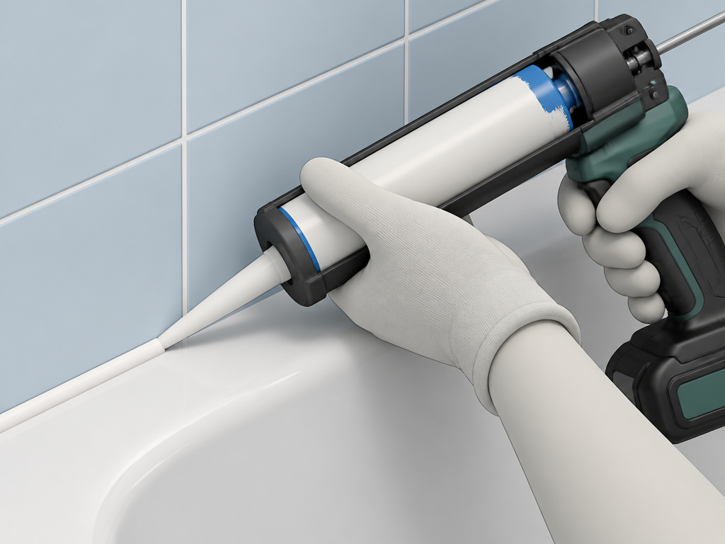 ĠClose-upĠofĠhandsĠusingĠaĠcordlessĠcaulkĠgunĠtoĠsealĠaĠbathroomĠtub.