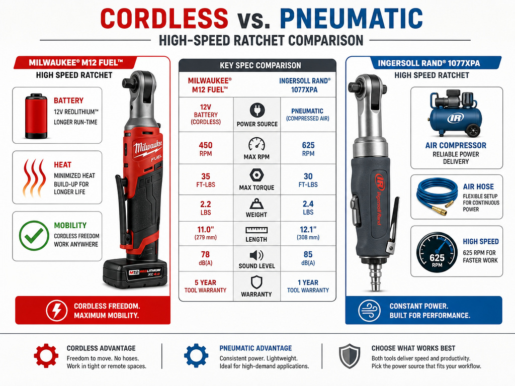 Cordless versus pneumatic high-speed ratchet comparison infographic on power sources