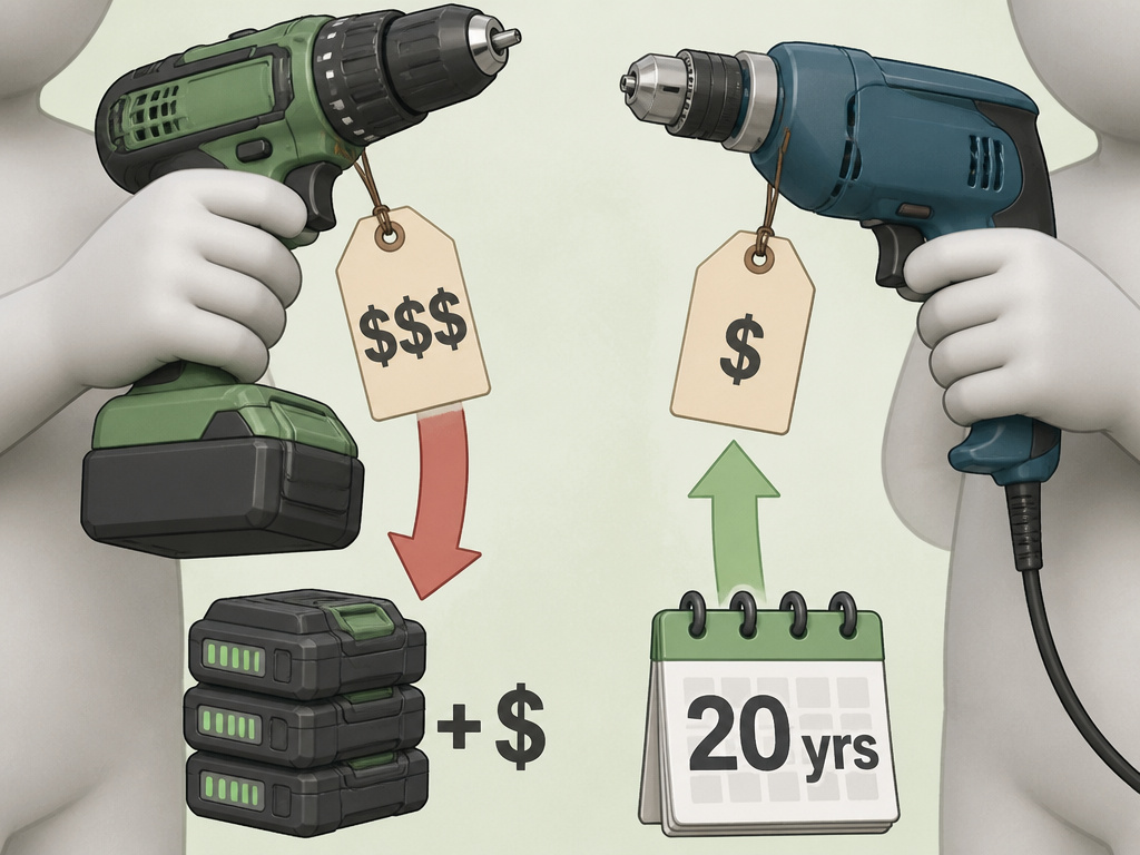 Cartoon diagram comparing cordless drill initial cost versus corded drill long-term value
