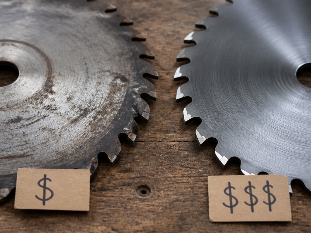 Cost comparison of worn steel saw blade versus new carbide-tipped blade.