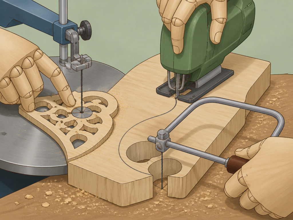 Scroll saw, jigsaw, and coping saw cutting curves as bandsaw alternatives for woodworking