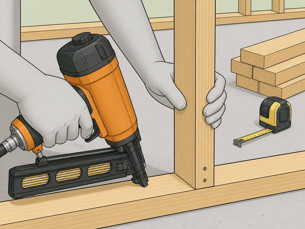 Framing nailer end-nailing a stud to a bottom plate in wall construction.
