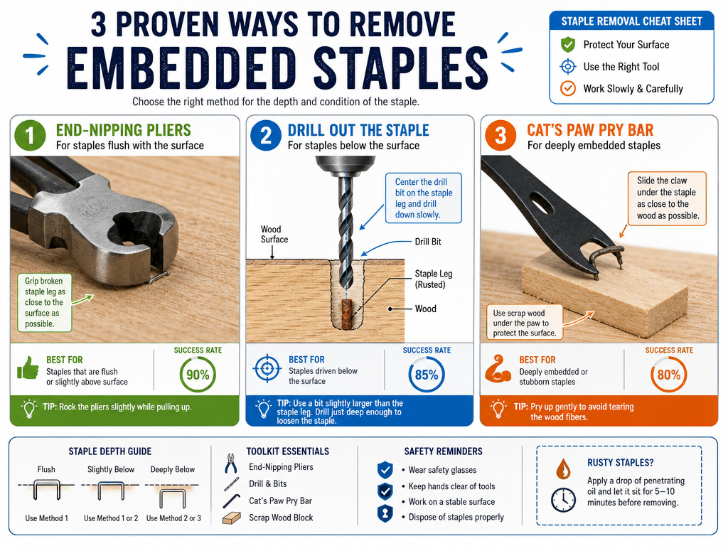 Tools and methods for removing broken, rusted, and stubborn staples from wood.