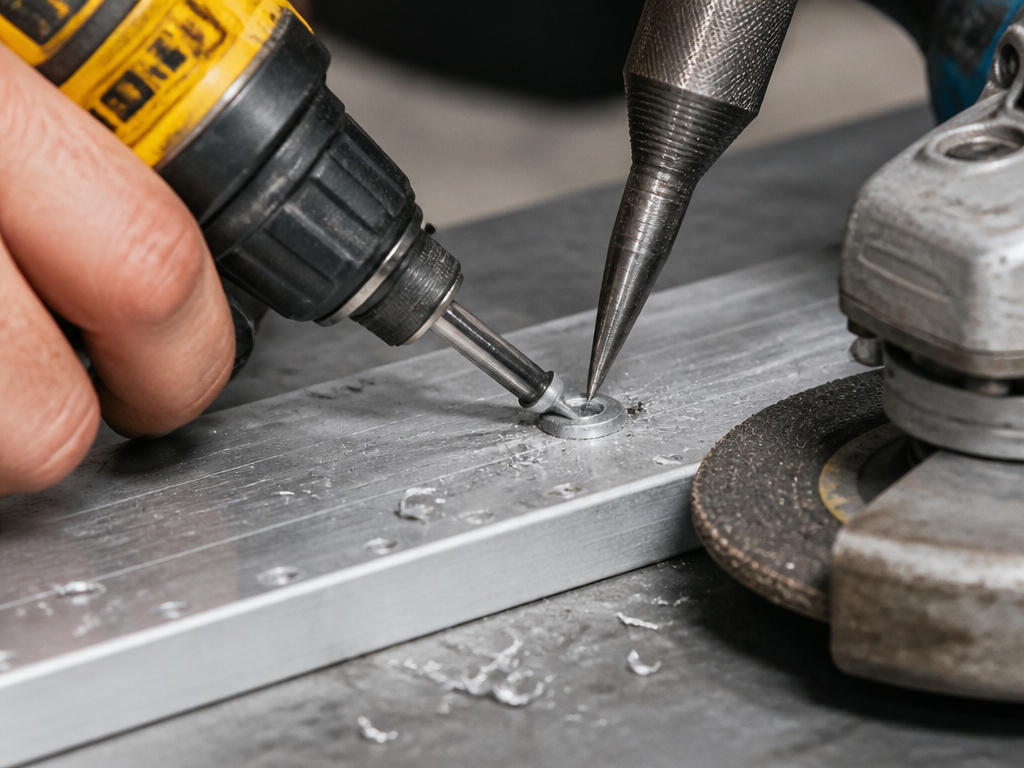Close-up of removing a spinning rivet with a drill and center punch.