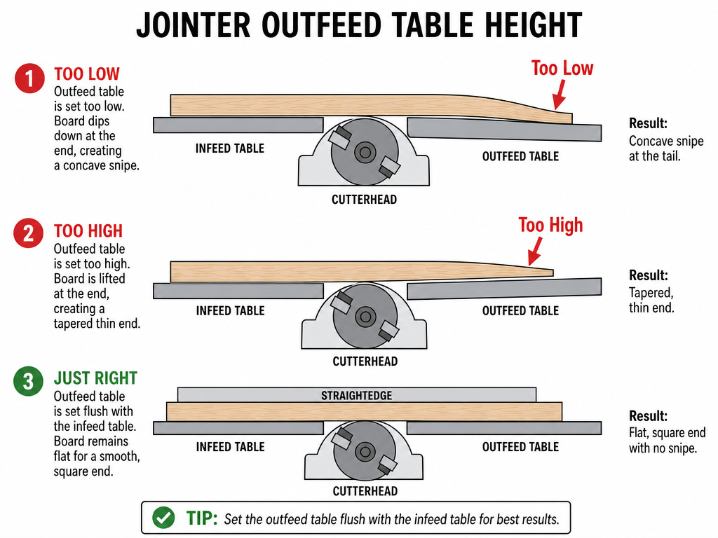 Diagram showing jointer outfeed table height causing snipe versus taper.