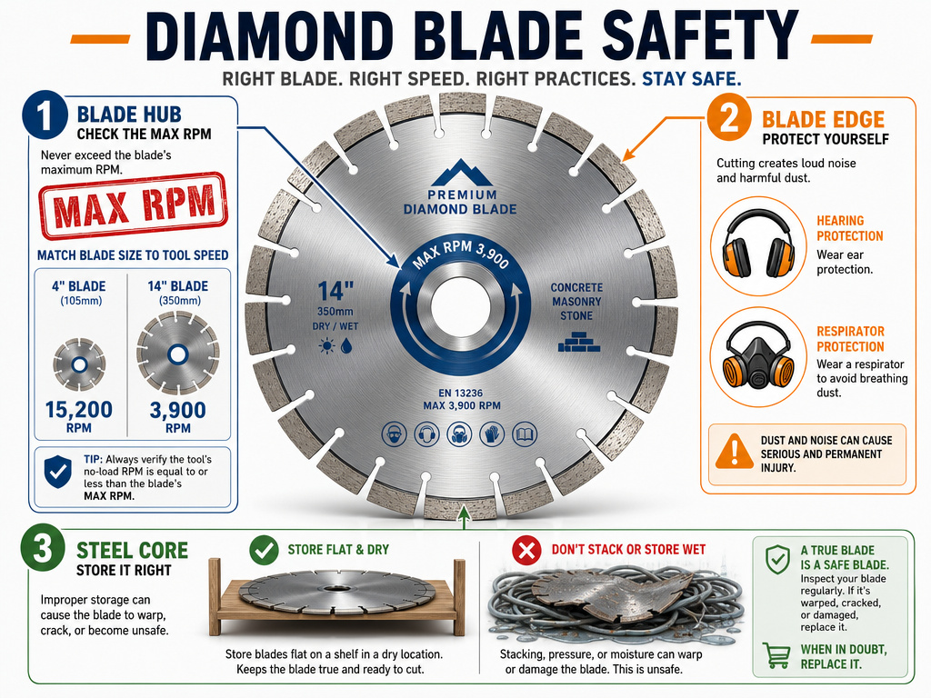 Diamond blade safety infographic on RPM ratings, required PPE, and proper storage.