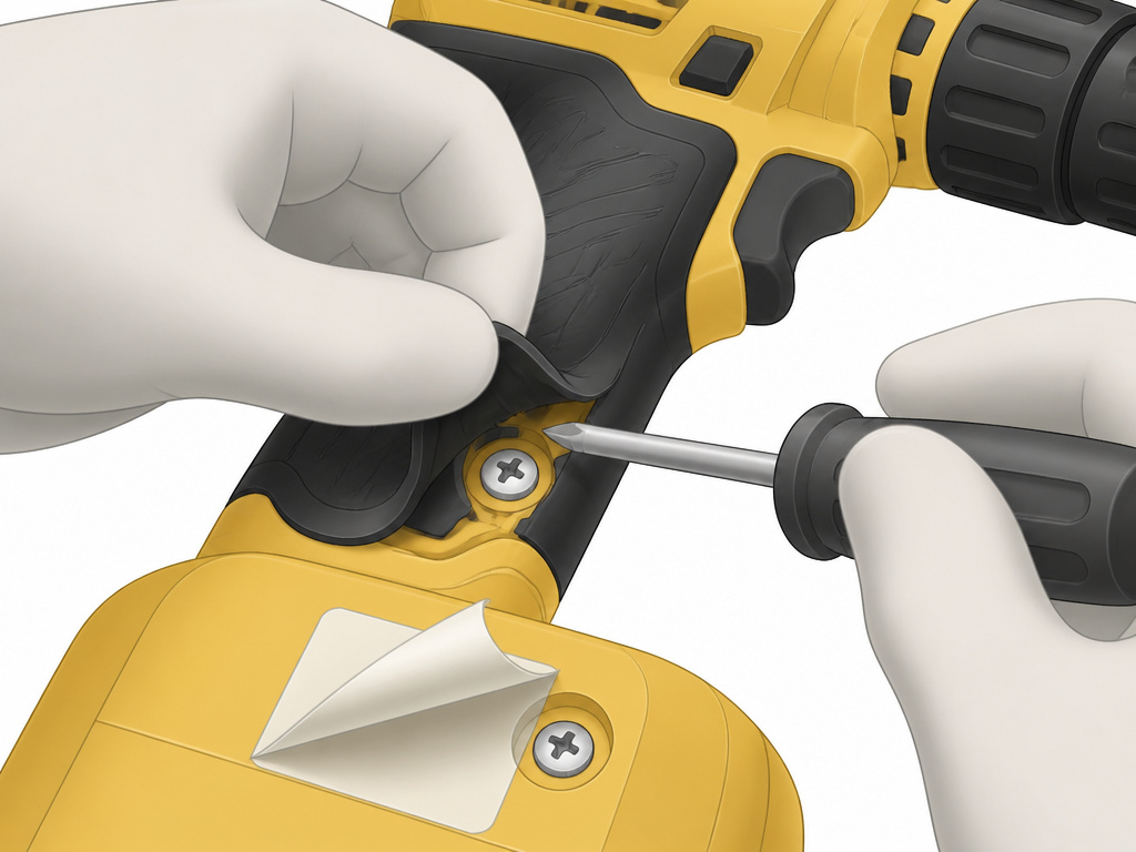 Close-up diagram revealing hidden screws under a drill's grip and sticker.