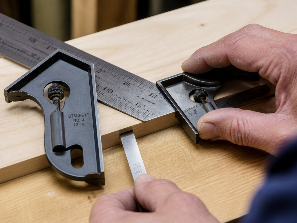 Combination square and double square compared on a workbench for accuracy