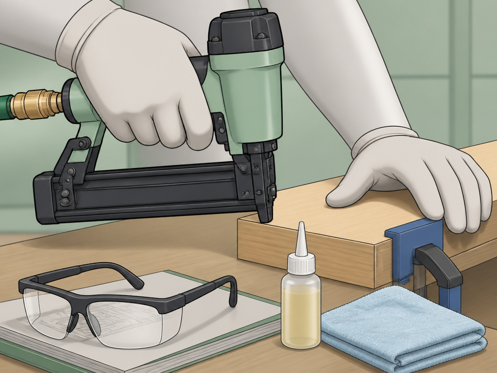 Safety and maintenance for a 23 gauge pin nailer and required eye protection.