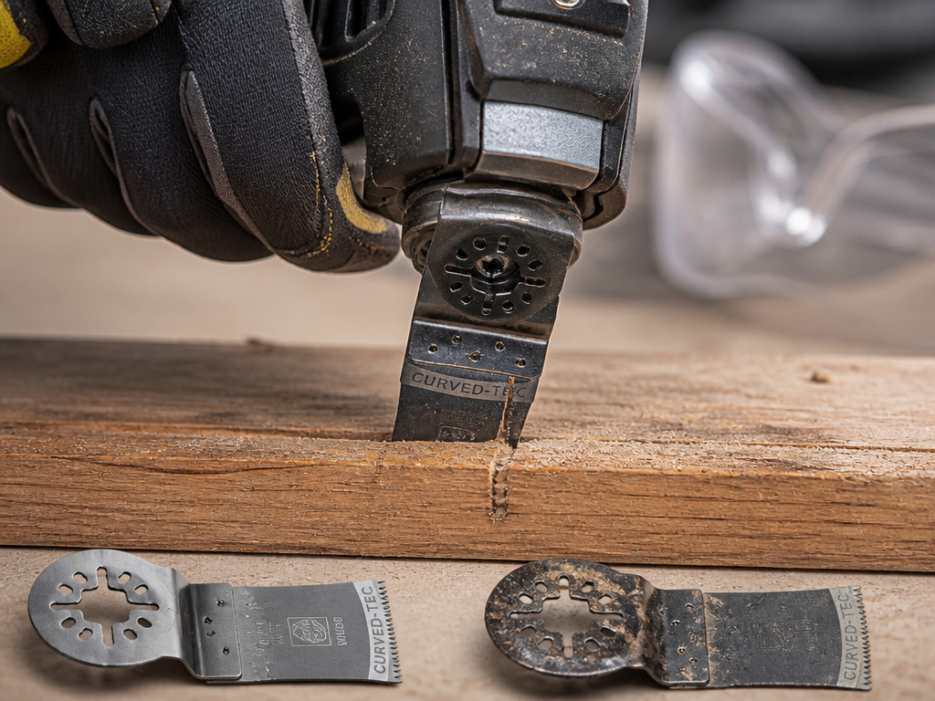 Close-up of oscillating multi-tool blade binding in wood during plunge cut