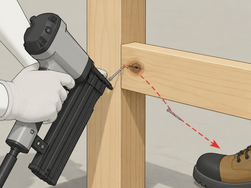 Cartoon diagram of toenailing safety, showing nail ricochet from a knot toward a safety shoe.