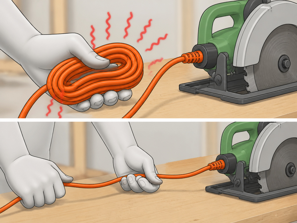 Coiled extension cord overheating hazard versus fully extended safe use.