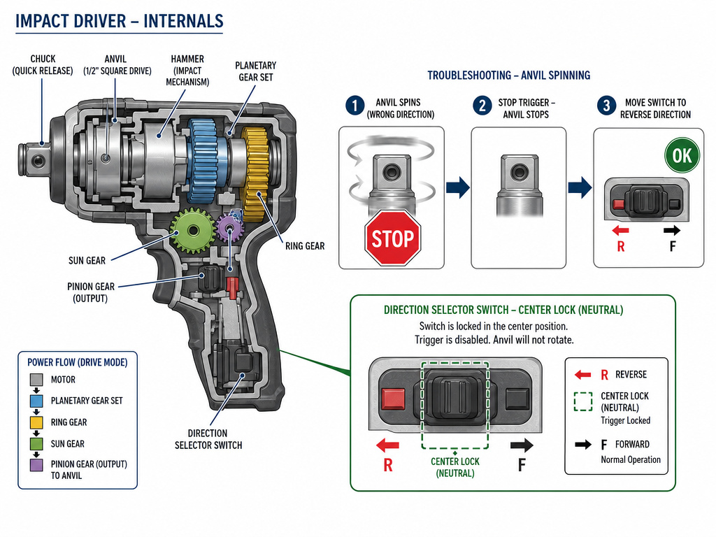 Impact driver safety diagram showing stop before reverse and center-lock position.