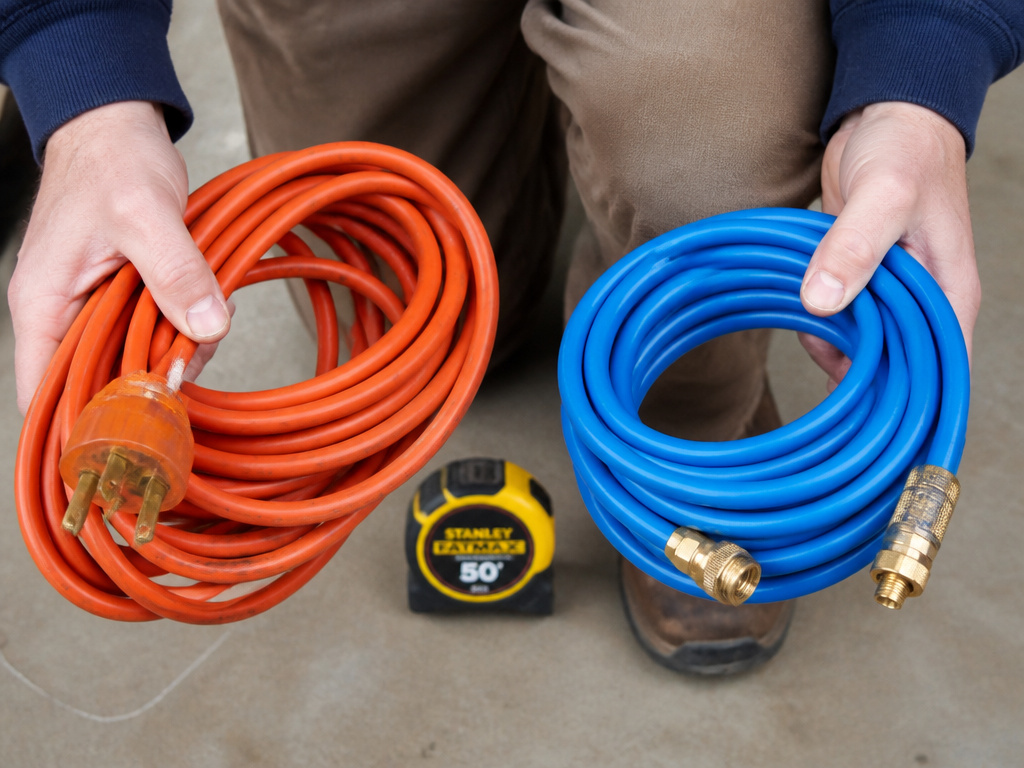 Comparison of a heavy orange extension cord and a blue air hose, both 50 feet long.