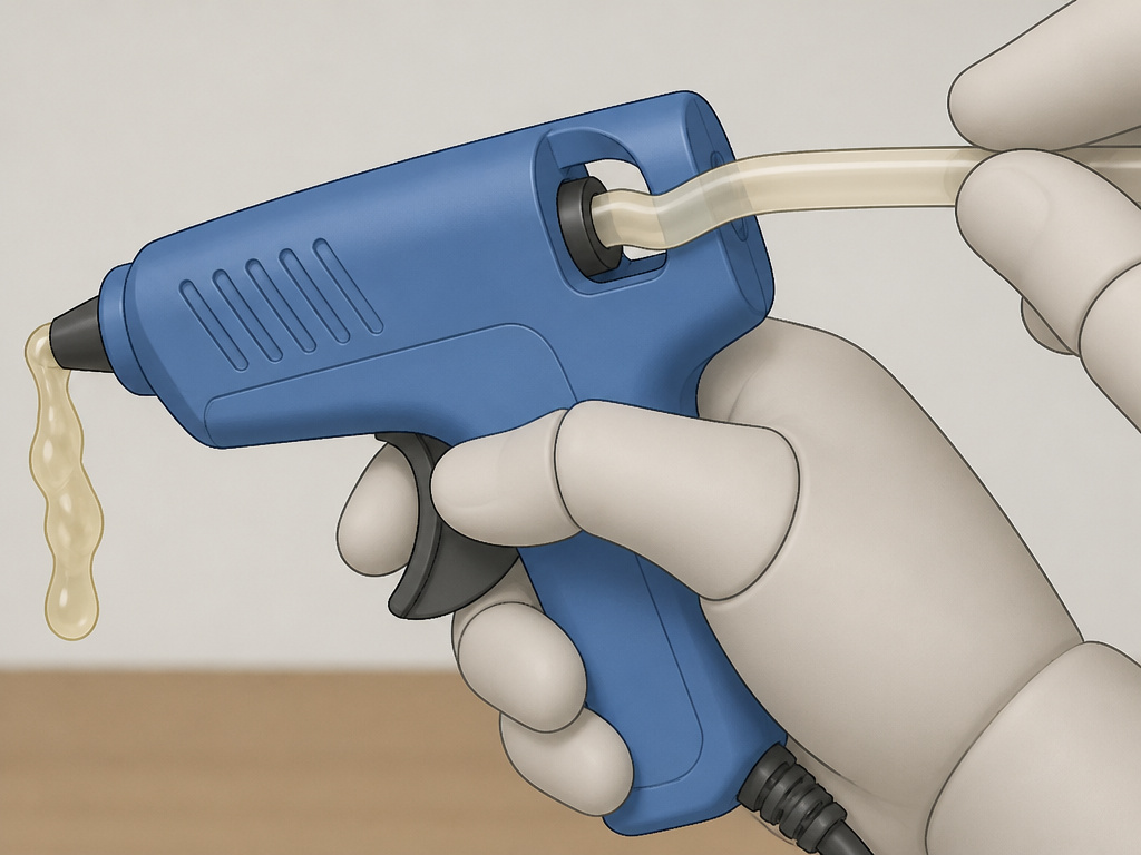 Wrong glue stick jammed in low temp gun, causing a clog and poor bond.