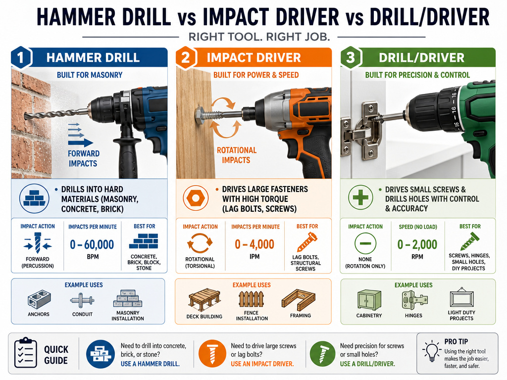 Hammer drill, impact driver, and regular drill comparison infographic showing their uses.