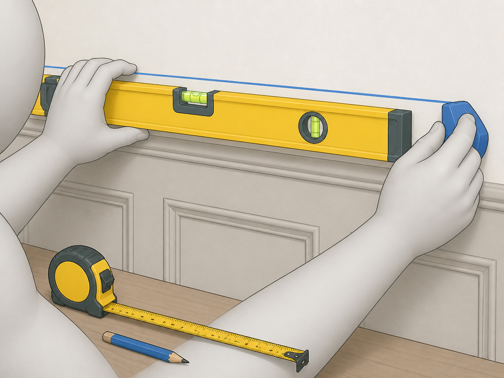 Using a level and chalk line to mark the height for wainscoting installation.